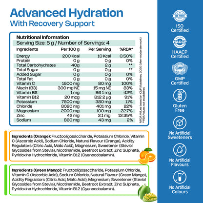 Nutriburst Advanced Hydration & Recovery Electrolyte Powder Drink Mix | 9 Vitamins & Minerals | No Added Sugar | Green Mango & Orange