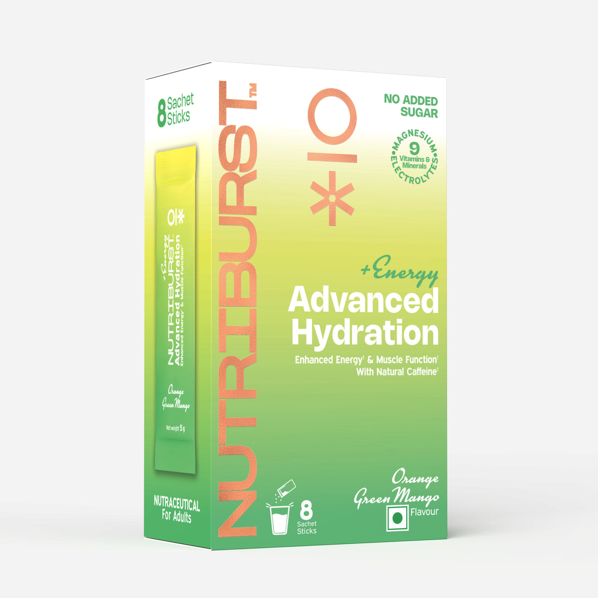 Nutriburst Advanced Hydration & Energy Electrolyte Powder Drink Mix | 9 Vitamins & Minerals | Natural Caffeine | No Added Sugar | Green Mango & Orange Flavour