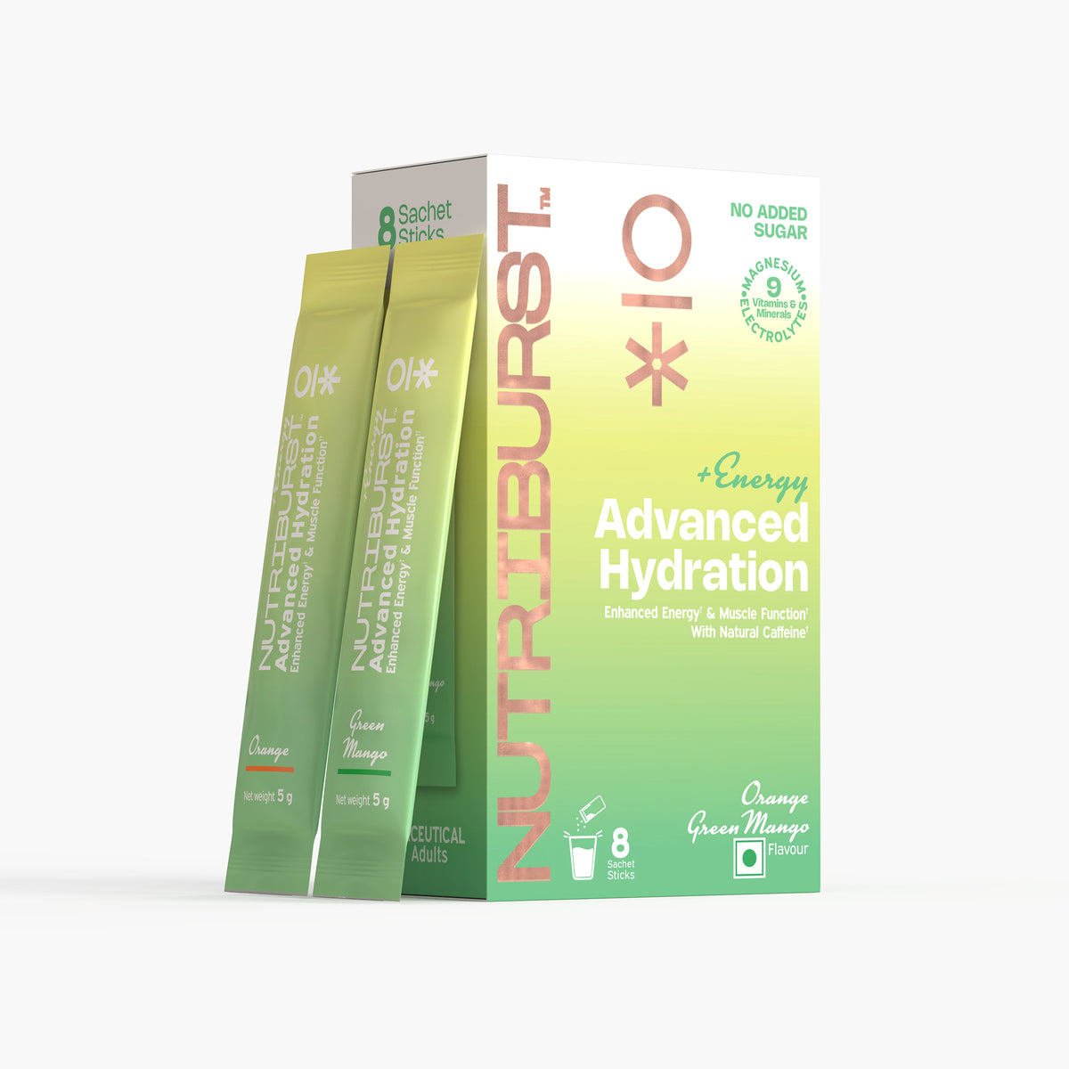 Nutriburst Advanced Hydration & Energy Electrolyte Powder Drink Mix | 9 Vitamins & Minerals | Natural Caffeine | No Added Sugar | Green Mango & Orange Flavour