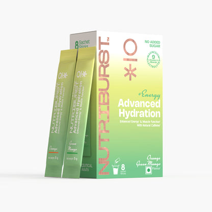 Nutriburst Advanced Hydration & Energy Electrolyte Powder Drink Mix | 9 Vitamins & Minerals | Natural Caffeine | No Added Sugar | Green Mango & Orange Flavour