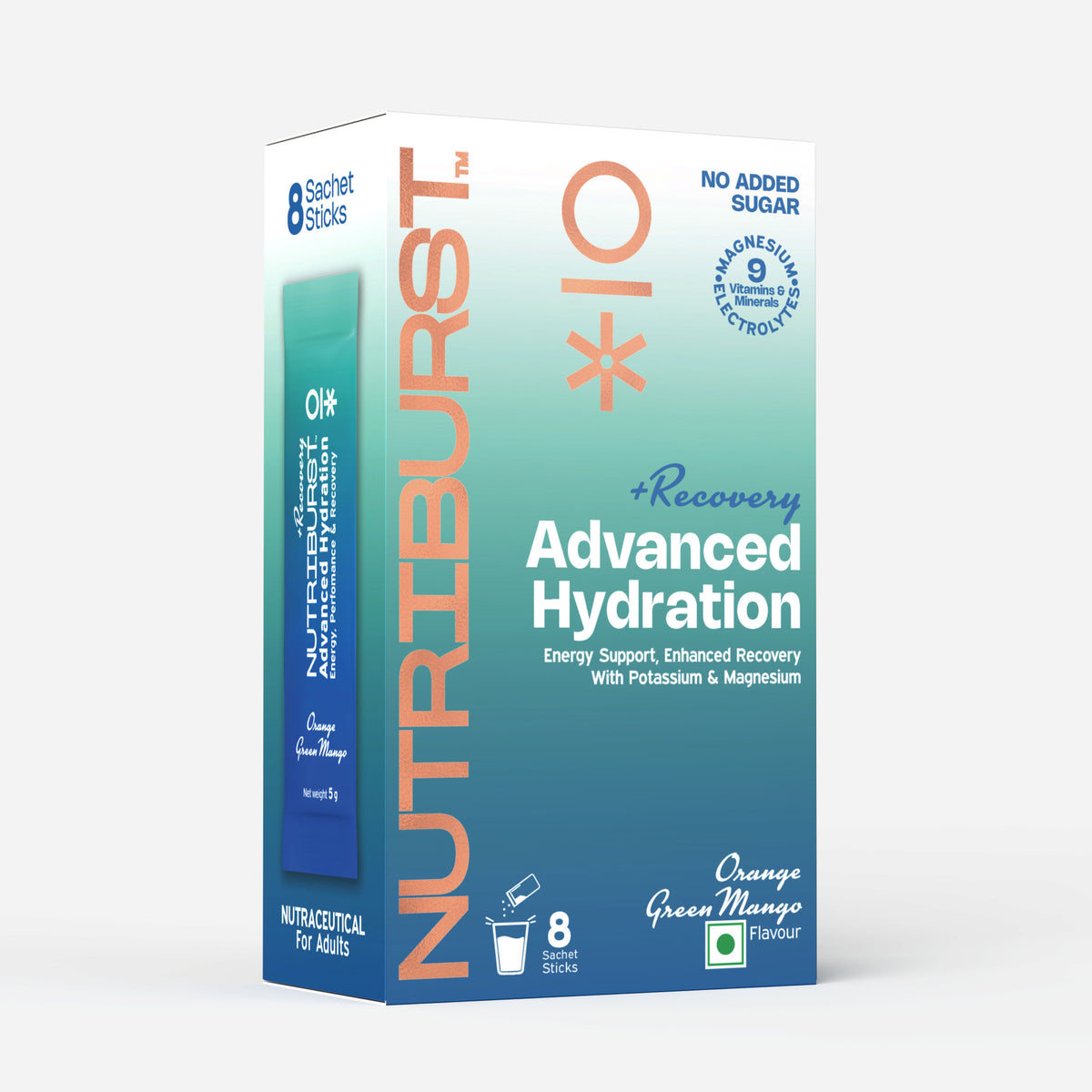 Nutriburst Advanced Hydration & Recovery Electrolyte Powder Drink Mix | 9 Vitamins & Minerals | No Added Sugar | Green Mango & Orange