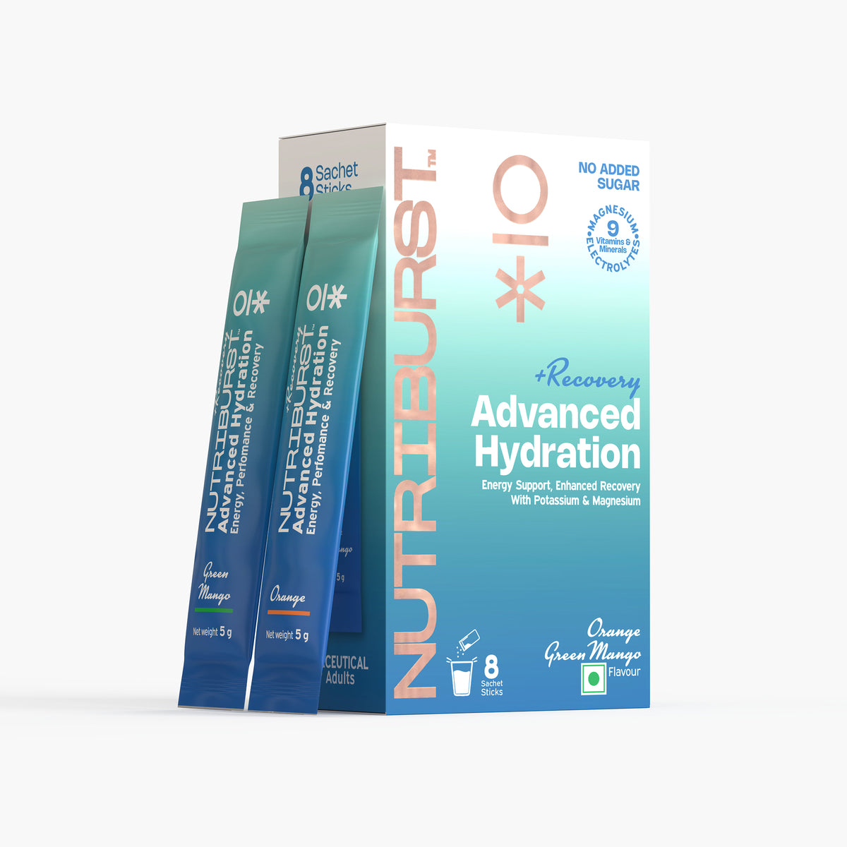 Nutriburst Advanced Hydration & Recovery Electrolyte Powder Drink Mix | 9 Vitamins & Minerals | No Added Sugar | Green Mango & Orange