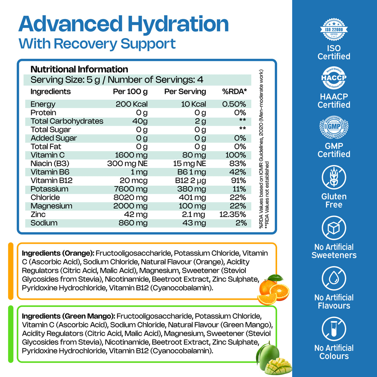 Nutriburst Advanced Hydration & Recovery Electrolyte Powder Drink Mix | 9 Vitamins & Minerals | No Added Sugar | Green Mango & Orange