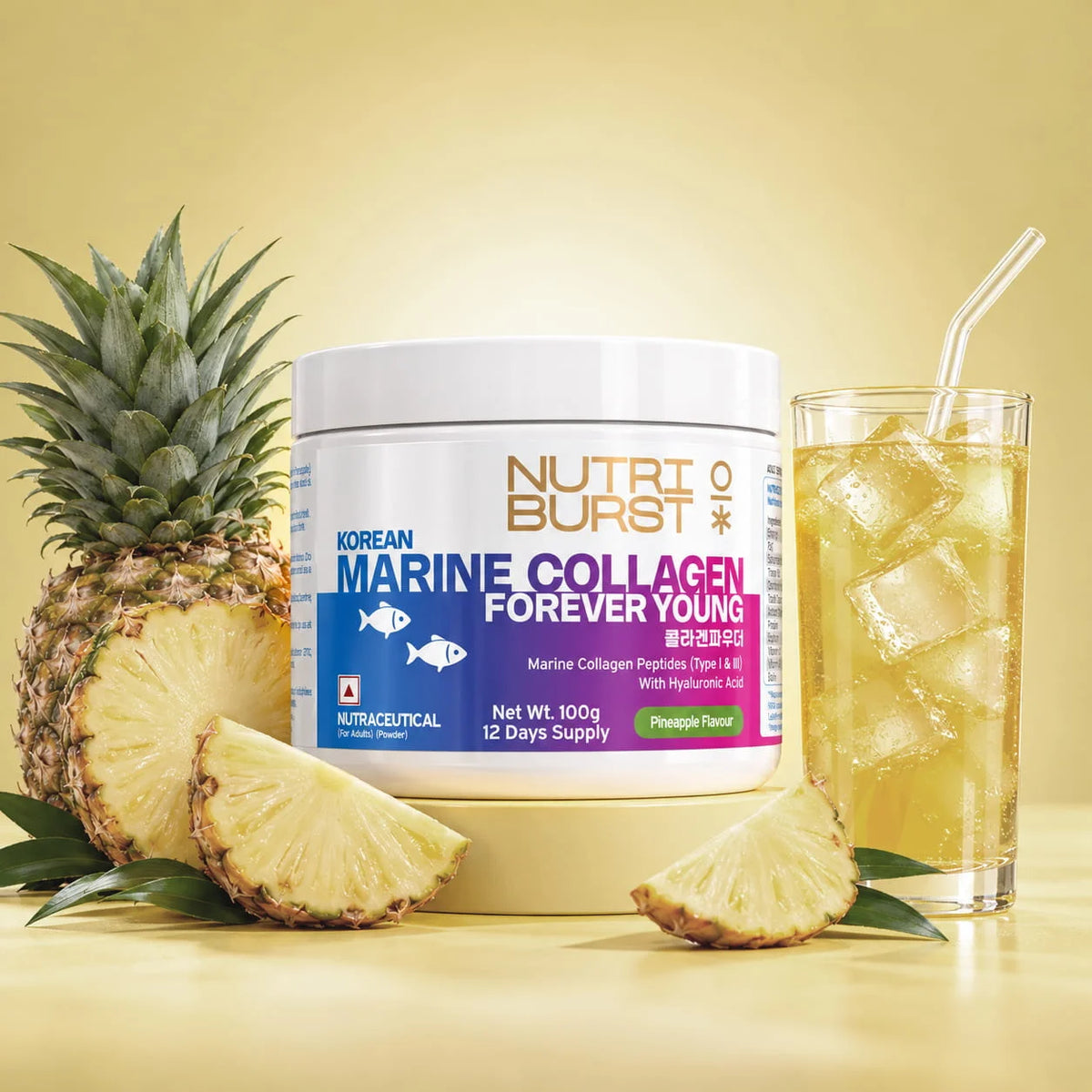 Nutriburst Korean Marine Collagen Peptides Supplement for Skin, Hair, Nails & Joints | Clinically Proven Ingredient | High Absorption 8 gms Collagen, 100 gms