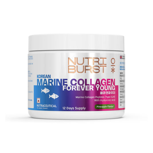 Nutriburst Korean Marine Collagen Peptides Supplement for Skin, Hair, Nails & Joints | Clinically Proven Ingredient | High Absorption 8 gms Collagen, 100 gms | Pineapple - Festive