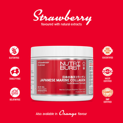 Nutriburst Pure Japanese Marine Collagen Peptides Supplement for Skin, Hair, Nails & Joints with Shaker | Clinically Proven Ingredient | High Absorption 8 gms Collagen, 100 gms