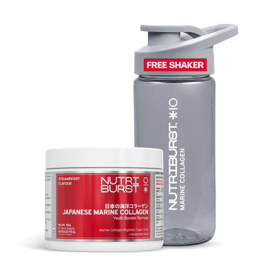 Nutriburst Pure Japanese Marine Collagen Peptides Supplement (Strawberry) for Skin, Hair, Nails & Joints with Shaker | Clinically Proven Ingredient | High Absorption 8 gms Collagen, 100 gms - Festive