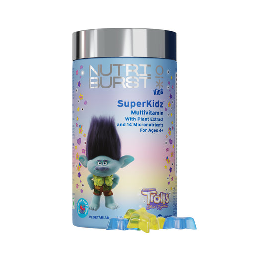 Nutriburst Super Kidz Trolls Gummies - 13 Essential Vit & Mins for Growth & Immune Support - Sugar-Free, Gluten-Free, Mixed Fruit Flavor, Chewable, Vegan - For Kids Aged 4+