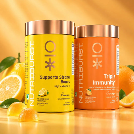 Nutriburst The Strength Booster - Supports Muscles & Bones and Triple Immunity Gummies Combo