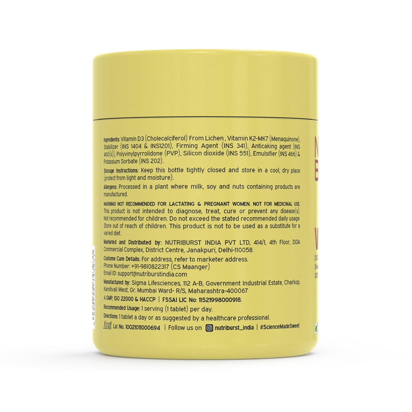 Nutriburst Vitamin D3 + K2 | Vitamin D3 K2 Supplement for Men & Women | Supports Bone Strength & Heart Health | 100% Vitamin D with K2 for Better Absorption | 120 Veg Tablets (2-Month Pack)