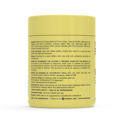 Nutriburst Vitamin D3 + K2 | Vitamin D3 K2 Supplement for Men & Women | Supports Bone Strength & Heart Health | 100% Vitamin D with K2 for Better Absorption | 120 Veg Tablets (2-Month Pack)