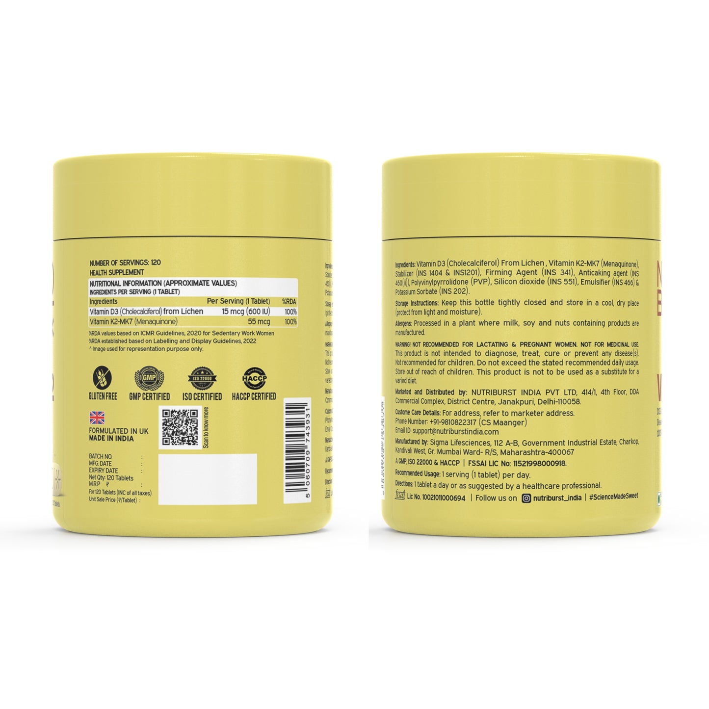 Nutriburst Vitamin D3 + K2 | Vitamin D3 K2 Supplement for Men & Women | Supports Bone Strength & Heart Health | 100% Vitamin D with K2 for Better Absorption | 120 Veg Tablets (2-Month Pack)