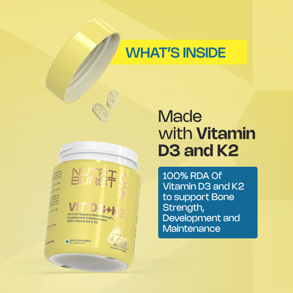 Nutriburst Vitamin D3 + K2 | Vitamin D3 K2 Supplement for Men & Women | Supports Bone Strength & Heart Health | 100% Vitamin D with K2 for Better Absorption | 120 Veg Tablets (2-Month Pack)