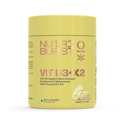 Nutriburst Vitamin D3 + K2 | Vitamin D3 K2 Supplement for Men & Women | Supports Bone Strength & Heart Health | 100% Vitamin D with K2 for Better Absorption | 120 Veg Tablets (2-Month Pack)