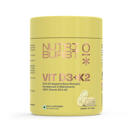 Nutriburst Vitamin D3 + K2 | Vitamin D3 K2 Supplement for Men & Women | Supports Bone Strength & Heart Health | 100% Vitamin D with K2 for Better Absorption | 120 Veg Tablets (2-Month Pack)