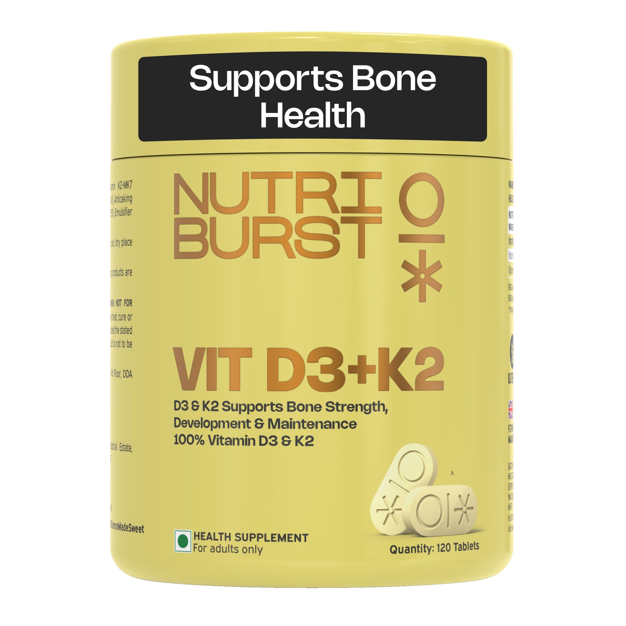 Nutriburst Vitamin D3 + K2 | Vitamin D3 K2 Supplement for Men & Women | Supports Bone Strength & Heart Health | 100% Vitamin D with K2 for Better Absorption | 120 Veg Tablets (4-Month Pack)