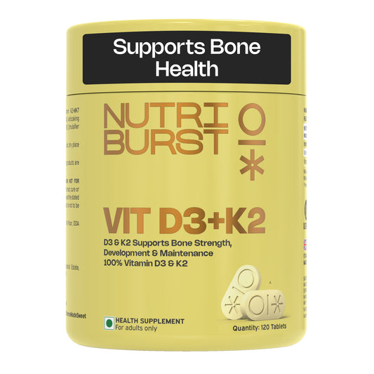 Nutriburst Vitamin D3 + K2 | Vitamin D3 K2 Supplement for Men & Women | Supports Bone Strength & Heart Health | 100% Vitamin D with K2 for Better Absorption | 120 Veg Tablets (2-Month Pack)