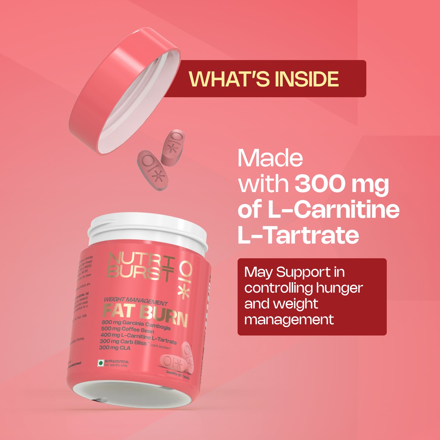 Nutriburst Fat Burn Tablets for Men & Women | Weight Management Supplement with Garcinia Cambogia, Green Coffee Bean, L-Carnitine, CLA & Carb Blocker | 60 Tablets (1-Month Pack)