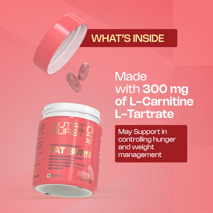 Nutriburst Fat Burn Tablets for Men & Women | Weight Management Supplement with Garcinia Cambogia, Green Coffee Bean, L-Carnitine, CLA & Carb Blocker | 60 Tablets (1-Month Pack)