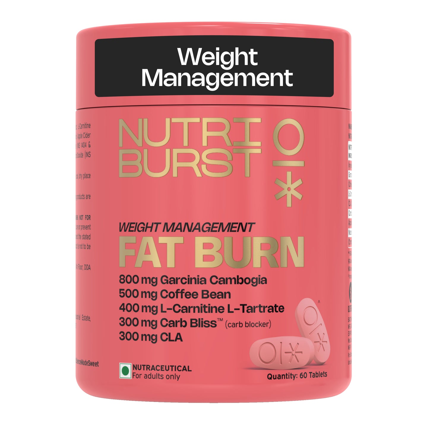 Nutriburst Fat Burn Tablets for Men & Women | Weight Management Supplement with Garcinia Cambogia, Green Coffee Bean, L-Carnitine, CLA & Carb Blocker | 60 Tablets (1-Month Pack)