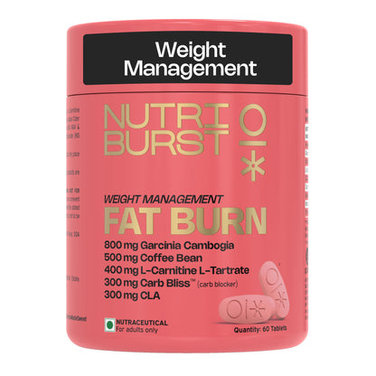 Nutriburst Fat Burn Tablets for Men & Women | Weight Management Supplement with Garcinia Cambogia, Green Coffee Bean, L-Carnitine, CLA & Carb Blocker | 60 Tablets (1-Month Pack)